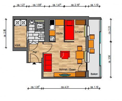 Grundriss Wohnung, 1 Zimmer (35,33 m²), Zeulsdorfer Straße 25, Gera